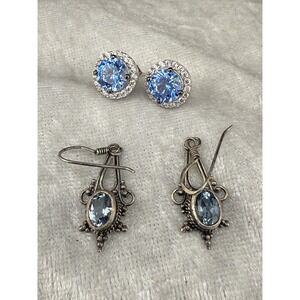 Sterling Silver Pierced Earrings Lot Blue Rhinestone Signed